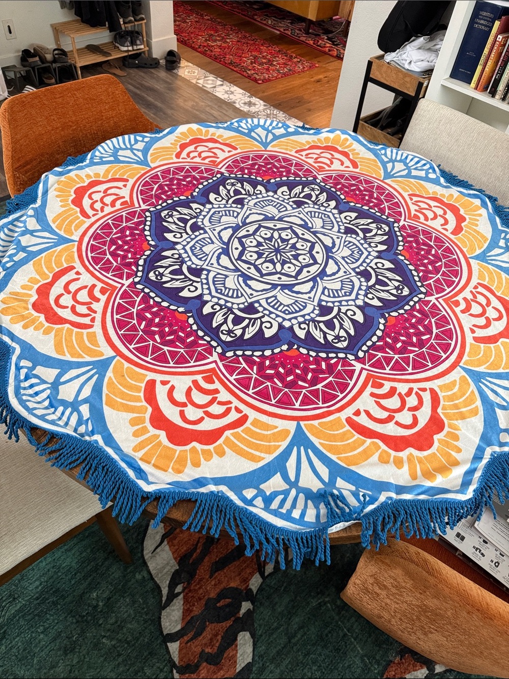 Round Bohemian Mandala Tablecloth - Blue, Purple, Pink, Yellow 54 inches